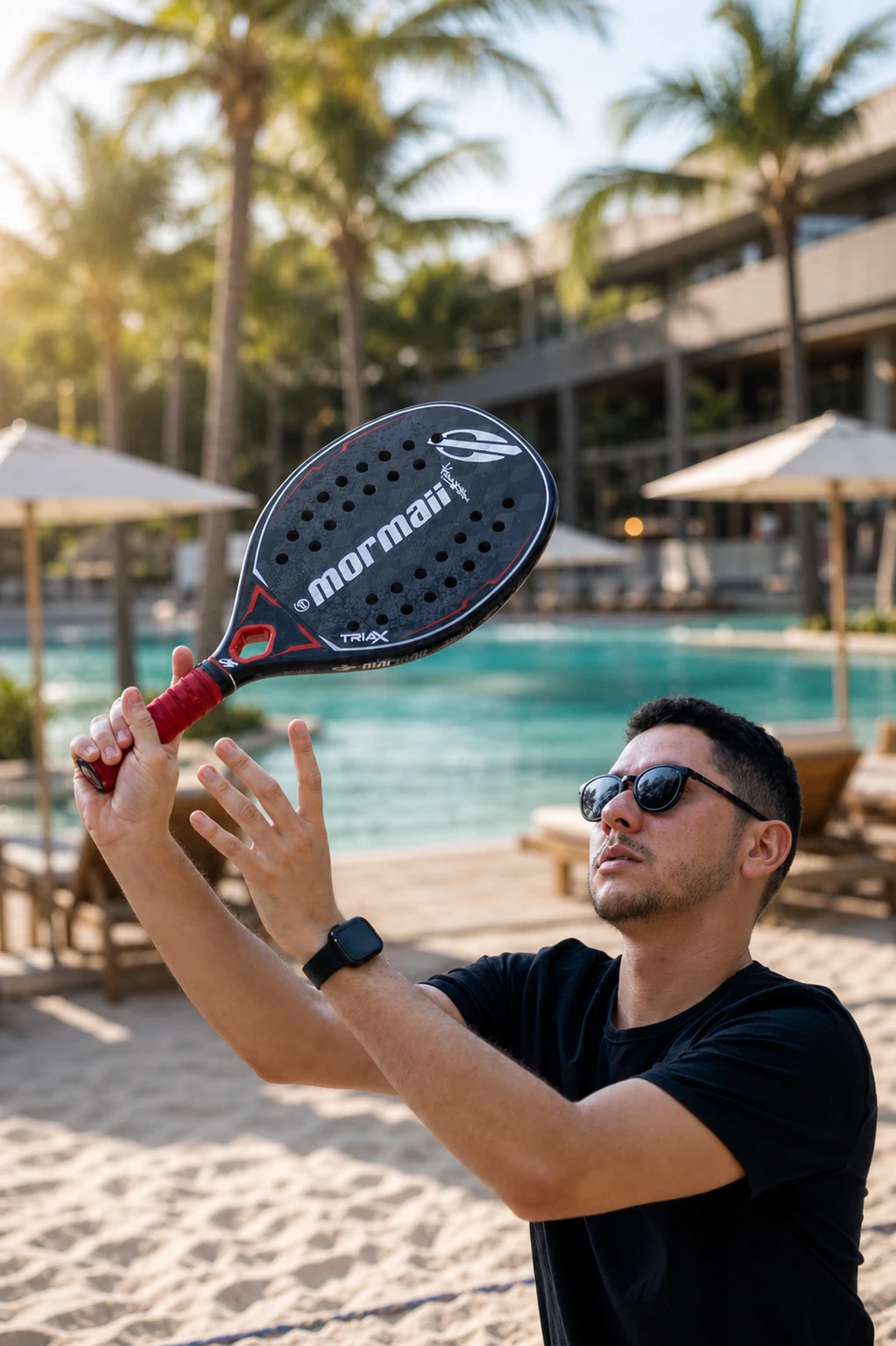 Renato Holanda com raquete de beach tennis