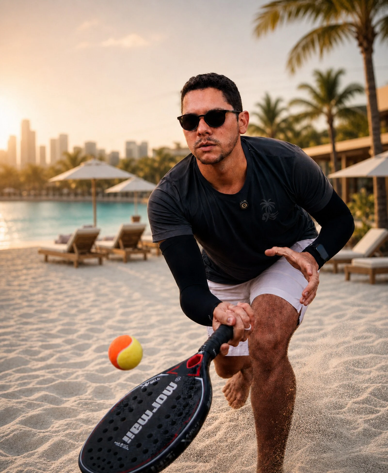 Renato Holanda em ação no beach tennis ao pôr do sol